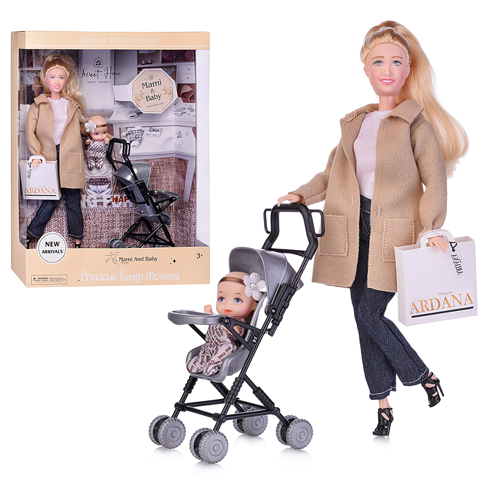 Кукла 789-3 Стильная мама с малышом в коляске в кор.28х36,5х8,5см