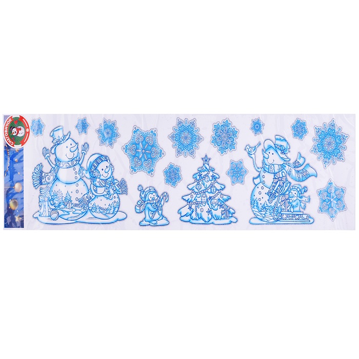 Наклейка новогодняя 1101 Веселые снеговики голубые на стекло 16х58см