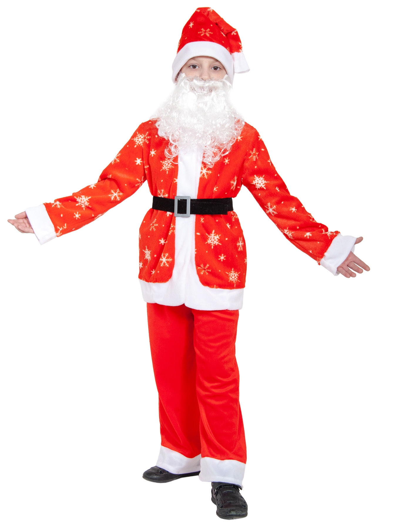 Костюм Санта Клаус 7004 детский плюш р-р 30-32/122-128 (рубашка, брюки, колпак, борода) Карнавалофф