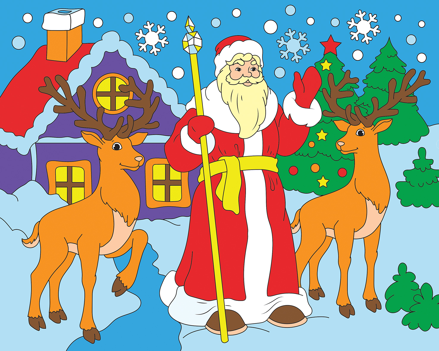 Холст 20х25см 1136 Дед Мороз и олени в зисней сказке с красками в пленке РК