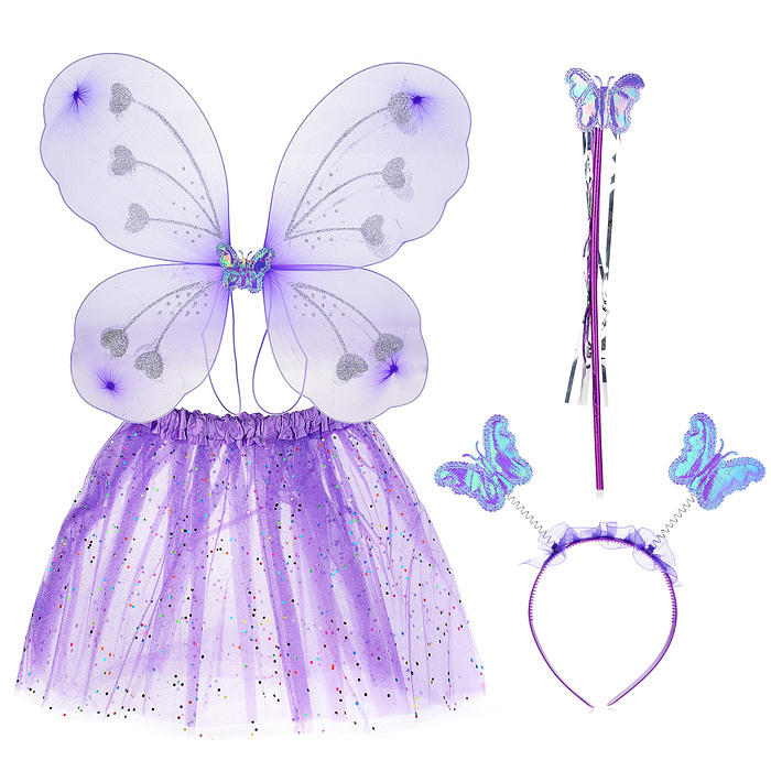 Крылья карнавальные 0893-3 бабочки+юбка, ободок, палочка сиреневые в пак.