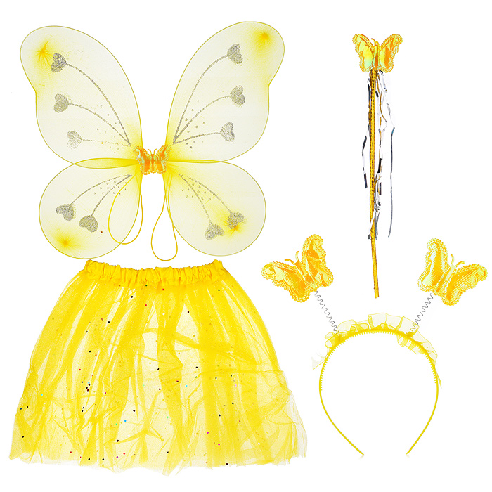 Крылья карнавальные 0893-2 бабочки+юбка, ободок, палочка желтые в пак.