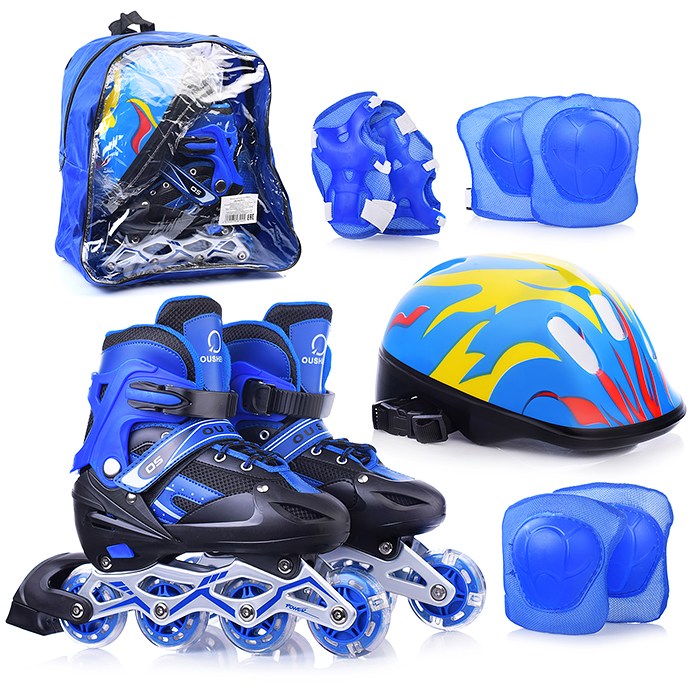 Коньки ролик.002-TM2 р-р 35-38 раздвижные синие+шлем, защита в рюкзаке