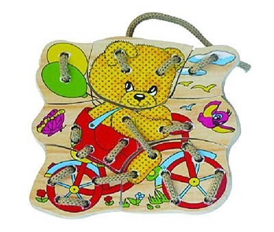 Пазл дерев.1053 Мишка на велосипеде, шнуровка Рыжий кот  — продажа оптом и в розницу в интернет-магазине игрушек «Флинт»