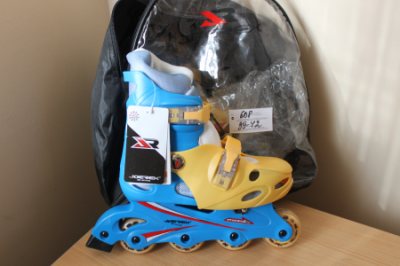 Коньки ролик.608 р-р 39-42 раздвижные синий/желтый в рюкзаке  — продажа оптом и в розницу в интернет-магазине игрушек «Флинт»